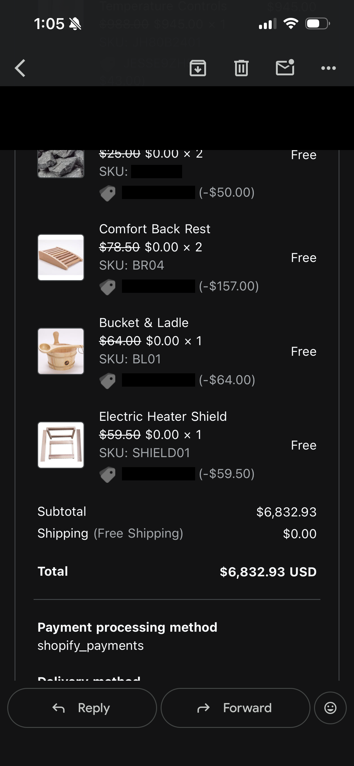 A single order totaling $6,832.93