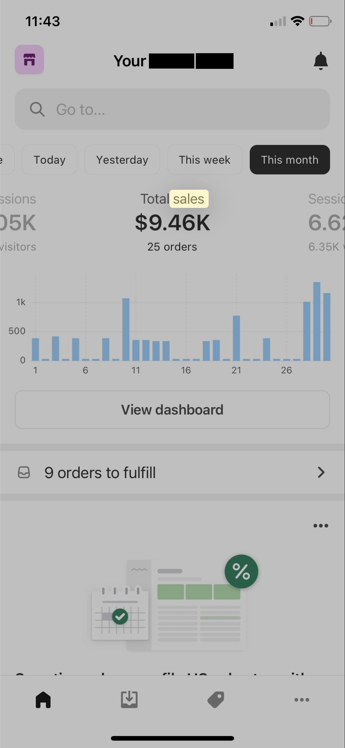 A month of $9,460 in sales across 25 orders, shown as a daily bar chart
